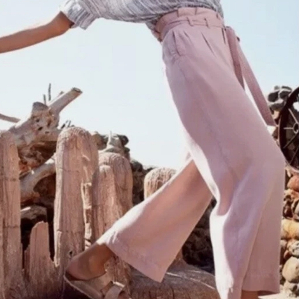 Anthropologie Blythe pastel pink wide-leg Paper Bag Tie waist ankle pants Sz 2